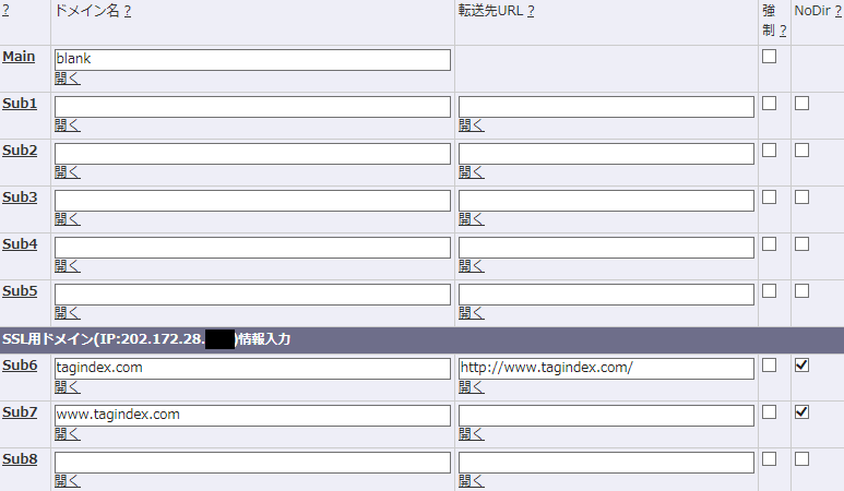 ドメイン名などが並ぶ管理画面のスクリーンショット（Main:blank、[SSL用ドメイン]、Sub6:tagindex.com→http://www.tagindex.com/、Sub7:www.tagindex.com）