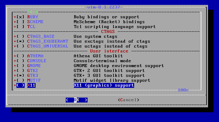 「FreeBSD 12.1 RELEASE」-「/usr/ports/editors/vim」「make config ②」