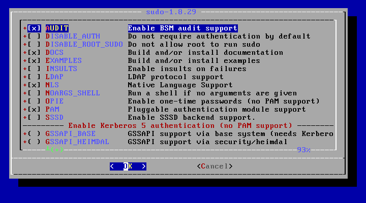 「FreeBSD 12.1 RELEASE」-「/usr/ports/security/sudo」「make config ①」