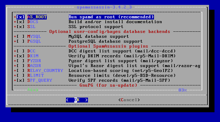 クリックでオリジナルのサイズで開きます 「FreeBSD 12.1 RELEASE」-「/usr/ports/mail/spamassassin」「make config ①」