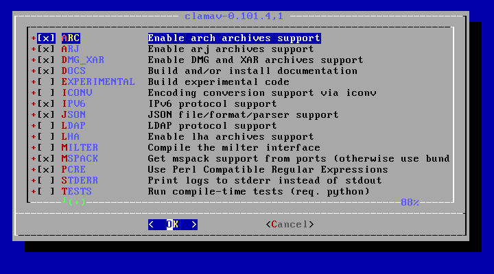 クリックでオリジナルのサイズで開きます 「FreeBSD 12.1 RELEASE」-「/usr/ports/security/clamav」「make config ①」
