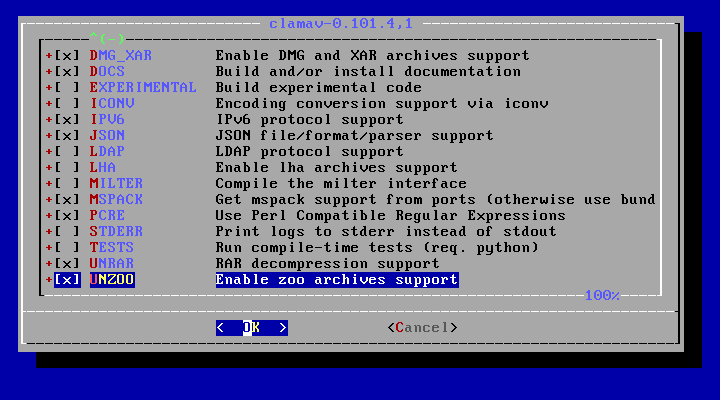 クリックでオリジナルのサイズで開きます 「FreeBSD 12.1 RELEASE」-「/usr/ports/security/clamav」「make config ②」
