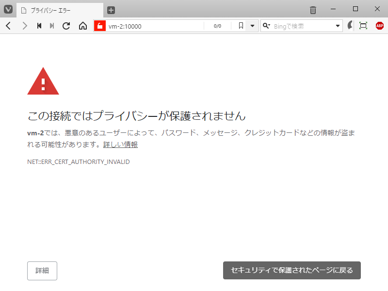 クリックでオリジナルのサイズで開きます 「FreeBSD 12.1 RELEASE」-「Webmin」「ブラウザでアクセス時の警告」