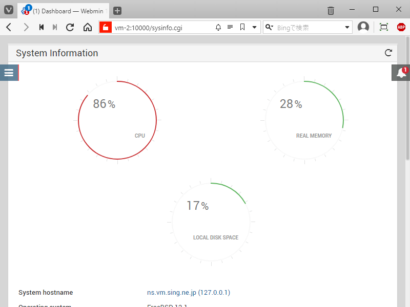 クリックでオリジナルのサイズで開きます 「FreeBSD 12.1 RELEASE」-「Webmin」「デフォルトの画面」