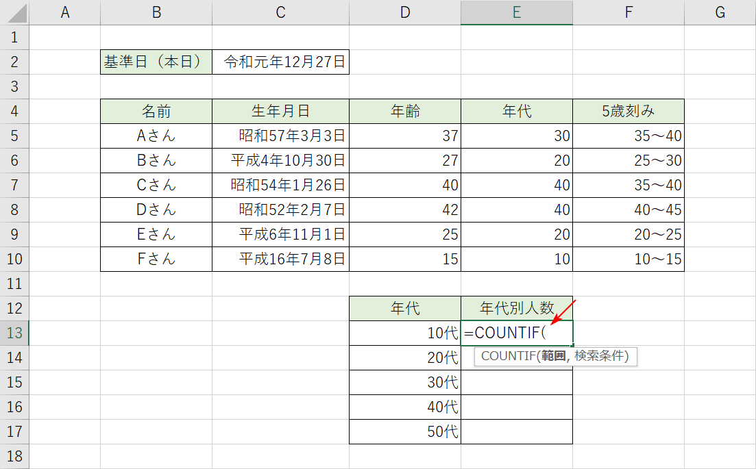 COUNTIF関数の入力