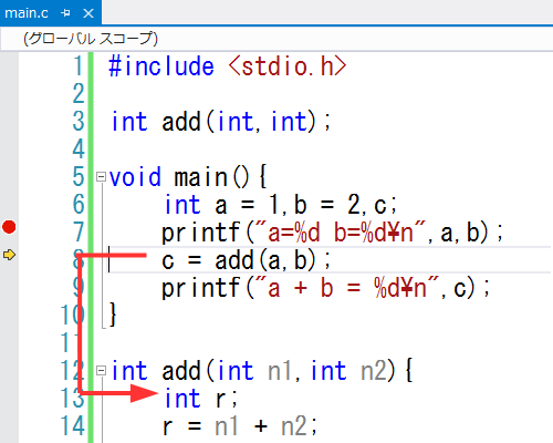 関数の中の処理へ入る(ステップイン) 関数の中の処理へ入る(ステップイン)