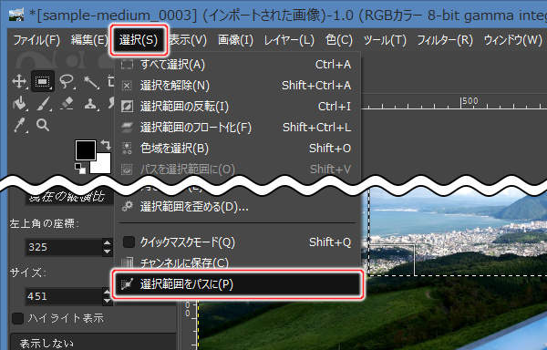 4. 選択(S) -> 選択範囲をパスに(P)を実行