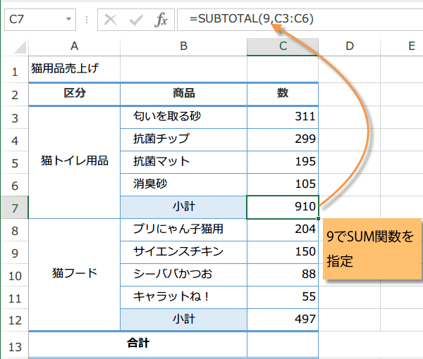 SUBTOTAL関数の使い方2