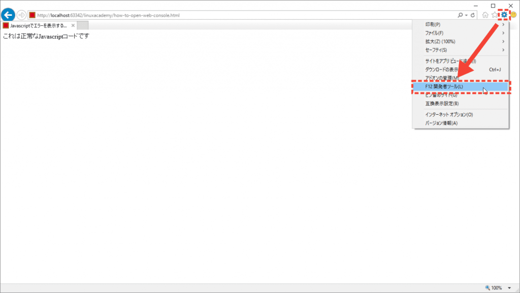 InternetExplorerのコンソール画面表示