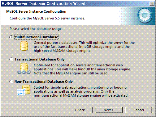 MySQL Server Instance Configuration Wizard�@�f�[�^�x�[�X�̑I��