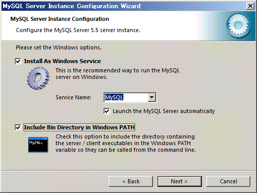 MySQL Server Instance Configuration Wizard�@Windows�T�[�r�X�̓o�^