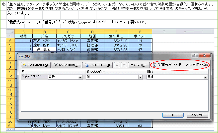 �u���בւ��v�̃_�C�A���O�{�b�N�X���o��Ɠ����ɁA�f�[�^�����X�g�`���ɂȂ��Ă���̂ŕ��בւ��Ώ۔͈͂������I�ɑI������܂��B�܂��A�擪�s���f�[�^�̌��o���ł��邱�Ƃ��͂����肵�Ă���̂ŁA�u�擪�s���f�[�^�̌��o���Ƃ��Ďg�p����v�̃`�F�b�N�����߂�������Ă��܂��B�u�ŗD�悳���L�[�v�Ɂu�ԍ��v����������Ԃŕ\������܂������A����͍��͕s�v�Ȃ̂ŁA