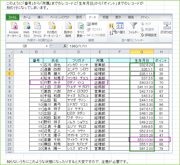 ���̂悤�Ɂu�ԍ��v����u�����v�܂ł̃��R�[�h�Ɓu���N�����v����u�|�C���g�v�܂ł̃��R�[�h���ʂ̍s�ɂȂ��Ă��܂��܂��B�m��Ȃ������ɂ��̂悤�ȏ�ԂɂȂ����肷��Ƒ�ςł��̂ŁA���ӂ��K�v�ł��B