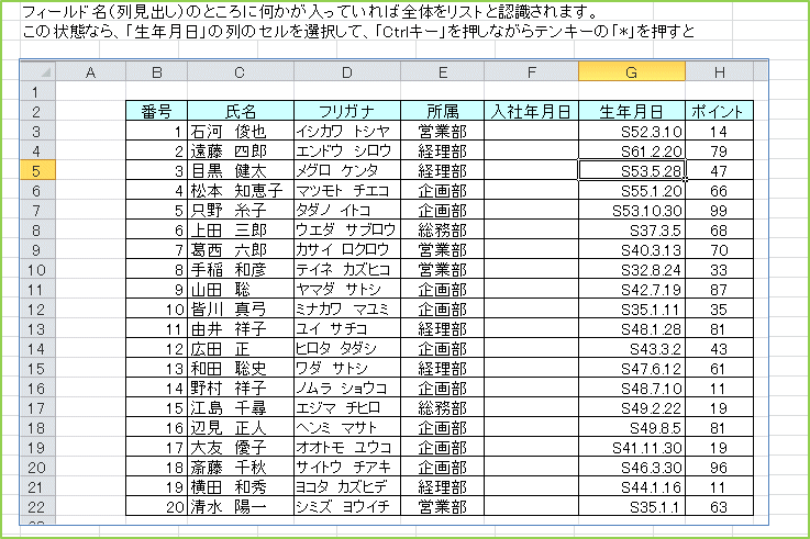 �S�t�B�[���h���i�񌩏o���j�̂Ƃ���ɉ����������Ă���ΑS�̂����X�g�ƔF������܂��B���̏�ԂȂ�A�u���N�����v�̗�̃Z����I�����āA�uCtrl�L�[�v�������Ȃ���e���L�[�́u*�v��������