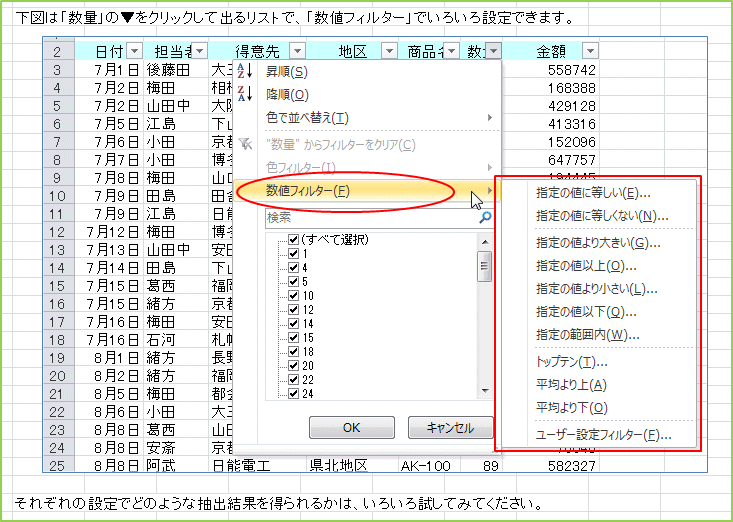 ���}�́u���ʁv�́����N���b�N���ďo�郊�X�g�ŁA�u���l�t�B���^�[�v�ł��낢��ݒ�ł��܂��B���ꂼ��̐ݒ�łǂ̂悤�Ȓ��o���ʂ𓾂��邩�́A���낢�뎎���Ă݂Ă��������B