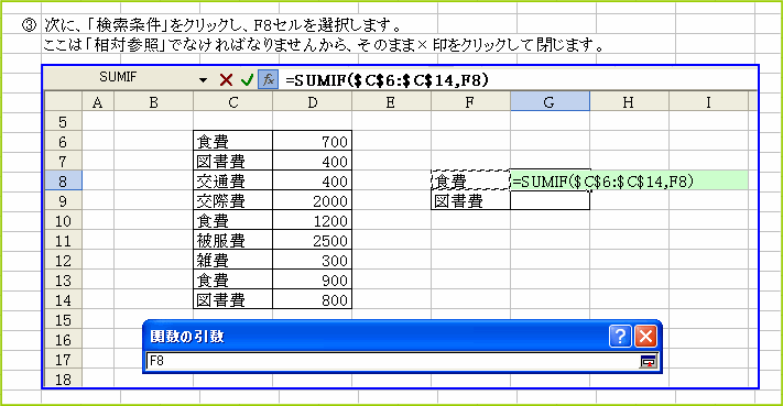 SUMIF�֐��̌��������𑊑ΎQ�ƂŐݒ�