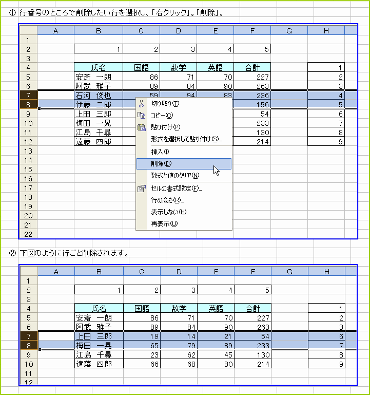 �s�ԍ���I�����čs�S�̂��폜