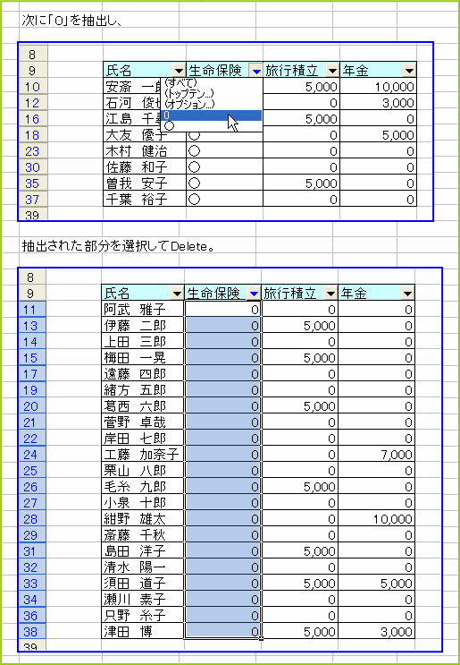 0�𒊏o���A���o���ꂽ�͈͂�I����Delete